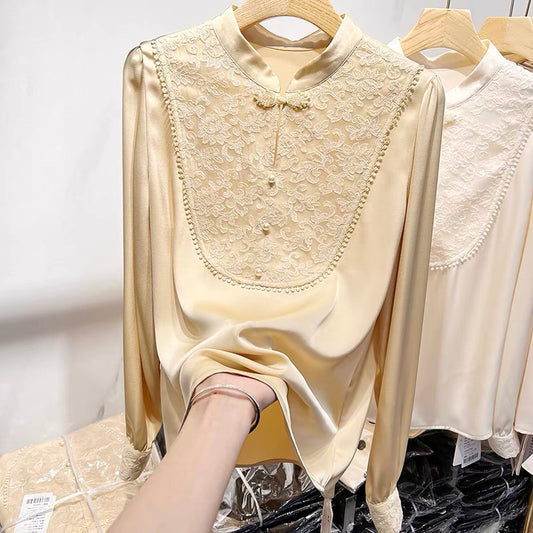 2022 new French temperament stand collar disc button embroidery beaded long-sleeved chiffon shirt women's autumn thin shirt