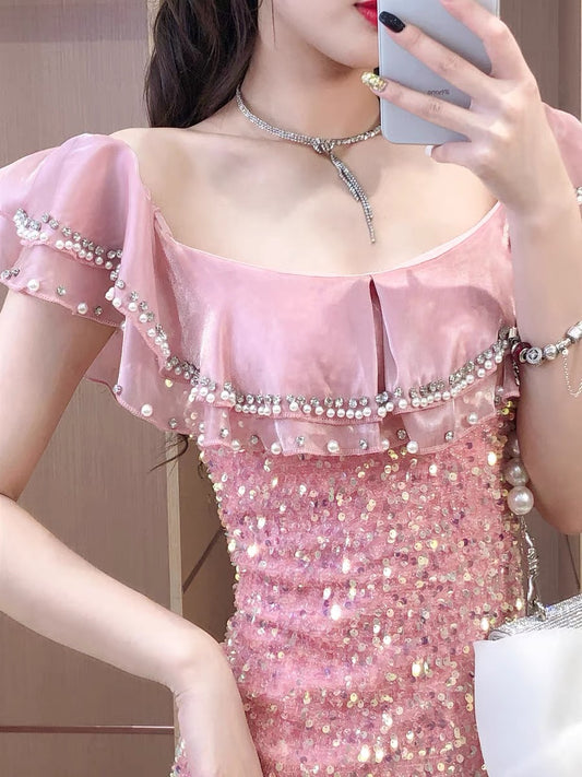 2022 summer new women's clothing sweet ladies temperament beaded rhinestones ruffled sequins fashion slim dress 1464