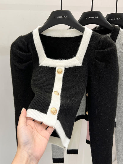 Small fragrant wind bottoming shirt women's autumn and winter sweater with chic short section beautiful top square collar puff sleeve knitted sweater women
