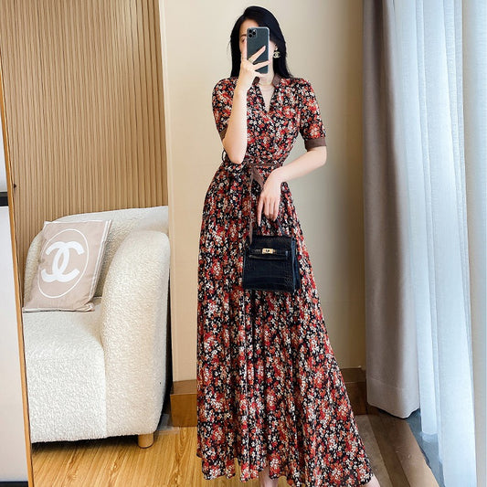 Tea break French floral dress women's summer 2023 summer new celebrity temperament waist slimming long skirt summer dress