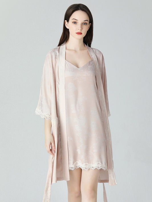 IIZZINI 2023 Nightgown Women's Summer Thin Ice Silk Country Style Dark Pattern Peony Sling 2-piece Nightdress Set