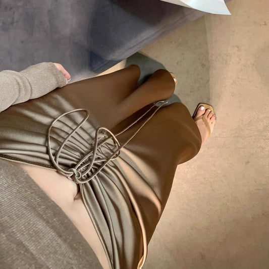 Middletone | Silky Skirt Twill satin drawstring pleated long front and short back short temperament high waist skirt