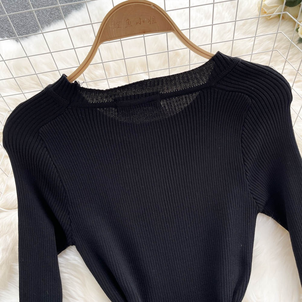 Hepburn style French early autumn fashion dress female waist slimming ink painting print stitching knitted pleated long skirt