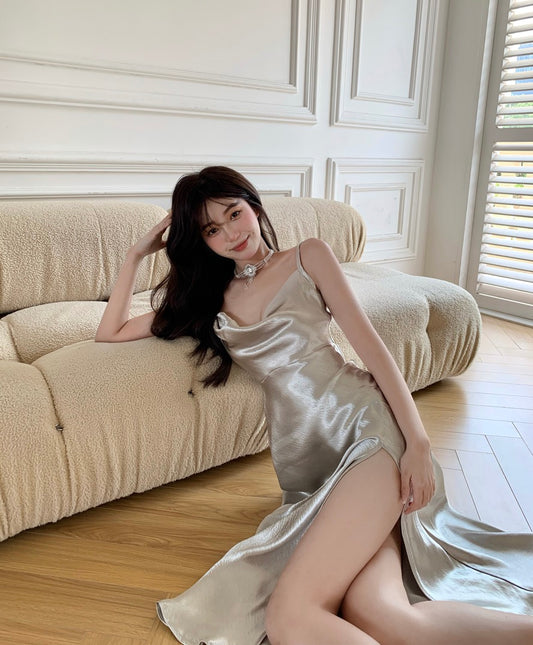 Satin suspender dress summer 2023 new slit mid-length skirt high-quality temperament sexy slim skirt