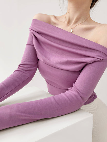 Sunset Sweetheart Pure Desire Wind Fold Slanted Shoulder Clavicle Long-sleeved T-Shirt Female Tight Slim Short Section Navel Knitwear