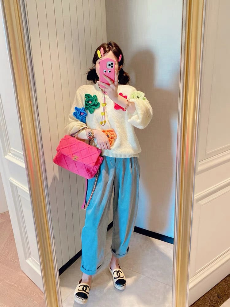 JENNIFER JXLIU Korean autumn and winter~retro color three-dimensional flowers and cream beige loose sweater