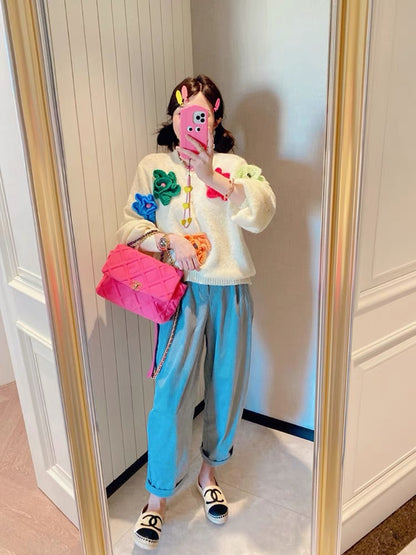 JENNIFER JXLIU Korean autumn and winter~retro color three-dimensional flowers and cream beige loose sweater