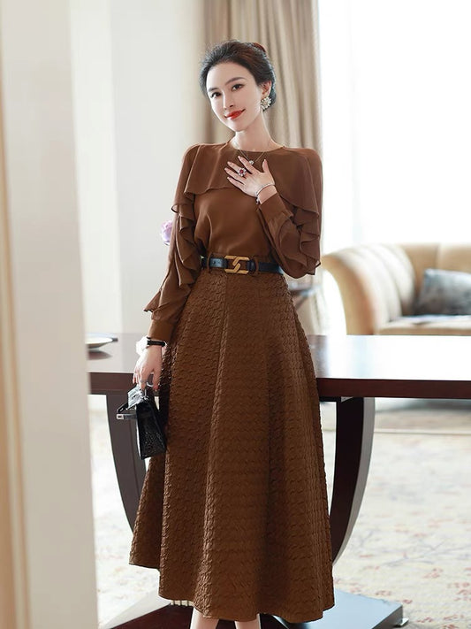 High-end French retro autumn women's suit 2022 new ladies ruffled shirt skirt fashion two-piece set
