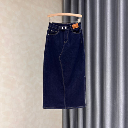 Dark blue denim half-length skirt women's summer new solid color all-match side slit high waist a-line bag hip one-step skirt