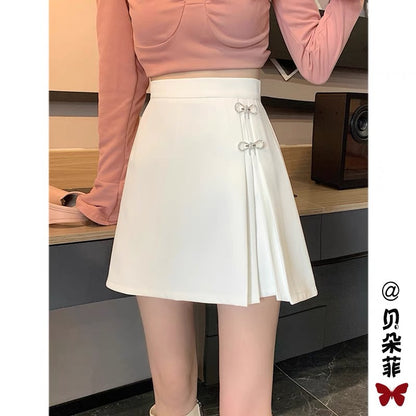 Black suit skirt women's autumn 2022 new high waist a-line pleated skirt small person slim wrap hip skirt