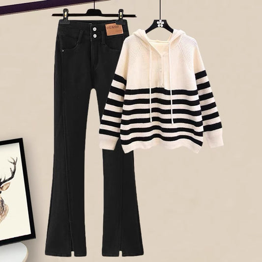Autumn loose and lazy wind wear casual all-match knitted sweater split pants suit female small two-piece suit