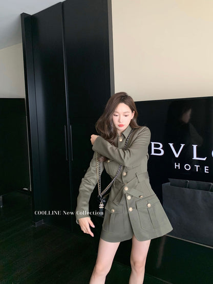 COOLLINE Lin Zixi Byzantine style metal contrast button autumn dress waist chic beautiful skirt