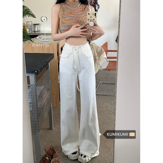 Kumikumi niche design tassel raw edge jeans women's spring and summer high waist loose wide-leg pants long pants