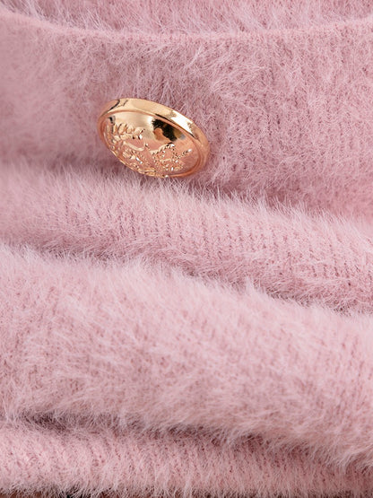 RMOJUL celebrity Xiaoxiang style imitation mink fur V-neck knitted cardigan jacket + A-line skirt fashion suit Luojia
