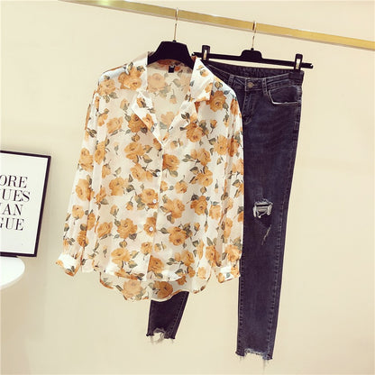 2022 early autumn new retro yellow small floral shirt women's all-match long-sleeved design sense niche fashion top