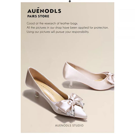 AUENODLS leather nude apricot bow pointed high-heeled shoes French main wedding dress stiletto bridesmaid wedding shoes women