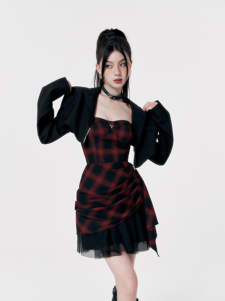 VOCK Original Rebellious Romance Punk Rock Red Heige Sweet Cool Waist Slimming Irregular Splicing Yarn Tube Top Dress