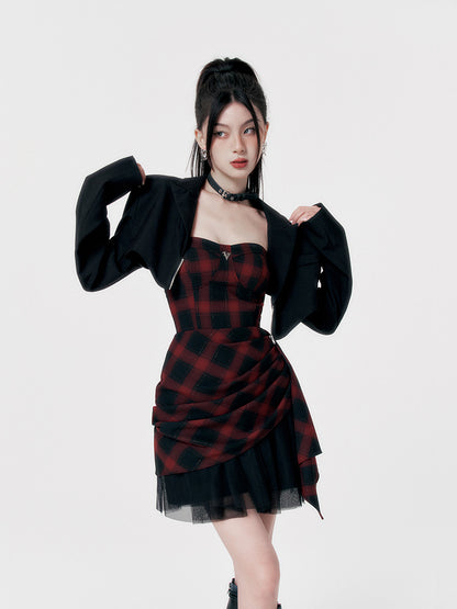 VOCK Original Rebellious Romance Punk Rock Red Heige Sweet Cool Waist Slimming Irregular Splicing Yarn Tube Top Dress