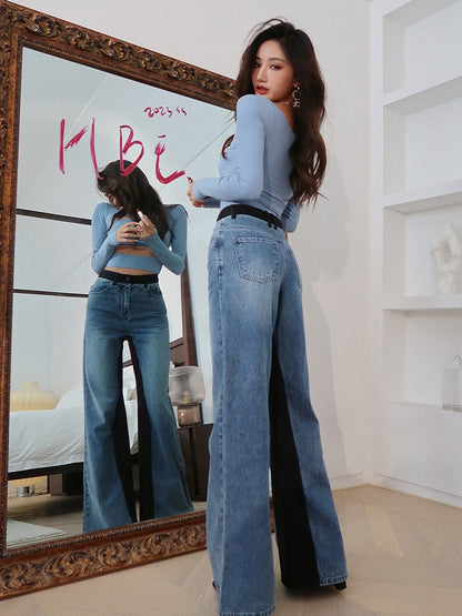 HBE Shui Ge long-legged supermodel color contrast stitching high waist loose wide-leg jeans women's wide-leg jeans