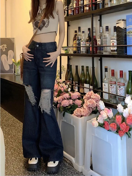5563 kumikumi loose wide-leg pants ripped beggar pants jeans women's summer retro high-waisted trousers long pants