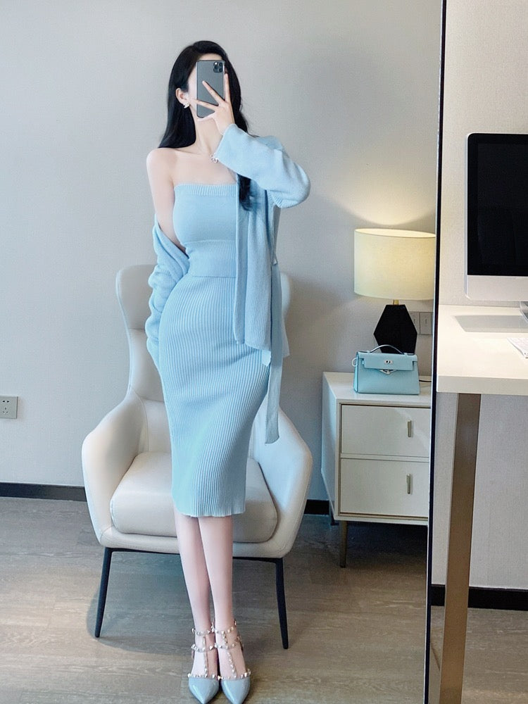 Korean drama wear three-piece suit winter 2022 new goddess fan temperament celebrity French gentle knitted sweater suit skirt