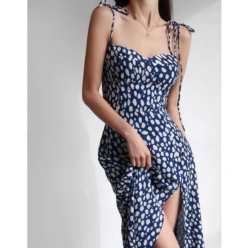 French retro polka dot sexy high slit leg-length suspender skirt slim slim waist suspender dress female
