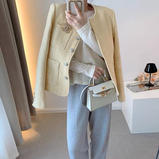 CHICROOM yellow small fragrance coat women's spring and autumn round neck temperament ladies small woolen short coat