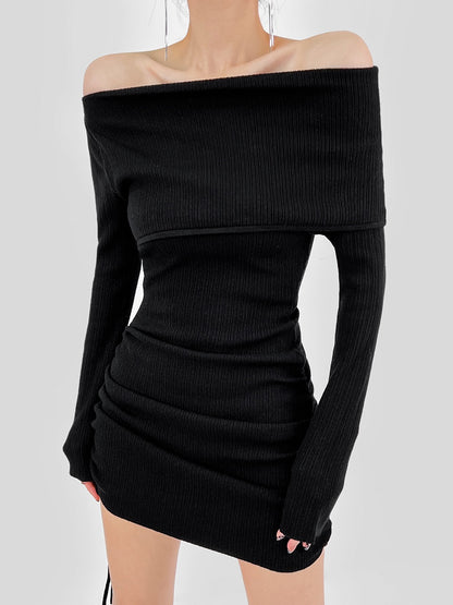 DOUBLE Z Black Knitted Dress Women Autumn Sexy Strapless One-Line Neck Long Sleeve Drawstring Pleated Hip Skirt