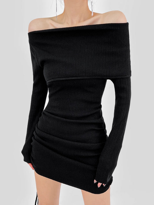 DOUBLE Z Black Knitted Dress Women Autumn Sexy Strapless One-Line Neck Long Sleeve Drawstring Pleated Hip Skirt