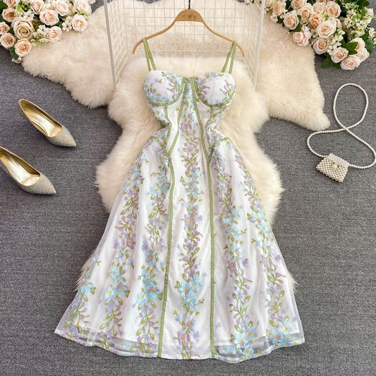Pure Desire Floral Suspender Dress 2022 Summer Slim Waist Sleeveless Backless A-Line Chiffon Swing Dress