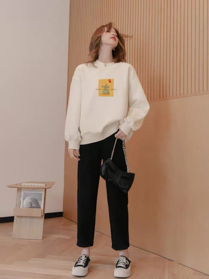 Small grain print fleece sweater women's autumn 2022 new small loose round neck pullover long-sleeved knitted top