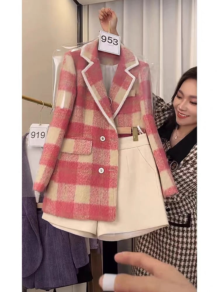Winter 2022 new style small fragrance suit ladies autumn and winter thickening professional plaid suit jacket shorts two-piece set