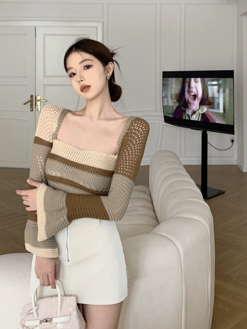 Hollow knitted bottoming shirt women's spring pure desire short hot girl square collar sexy slim long-sleeved inner sweater top