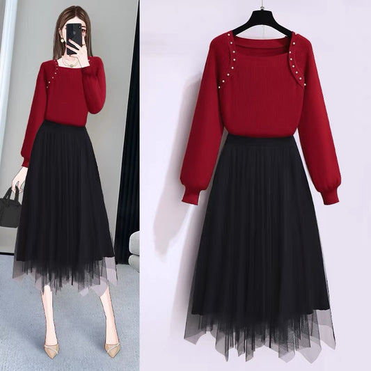 Red Knitted Sweater Dress Suit Autumn and Winter Small Autumn Dress Temperament Goddess Fan Mesh Skirt Two-piece Set
