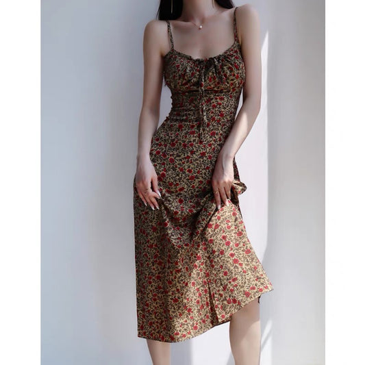French sexy slim slim retro yellow floral suspender skirt high waist dress beach skirt holiday dress