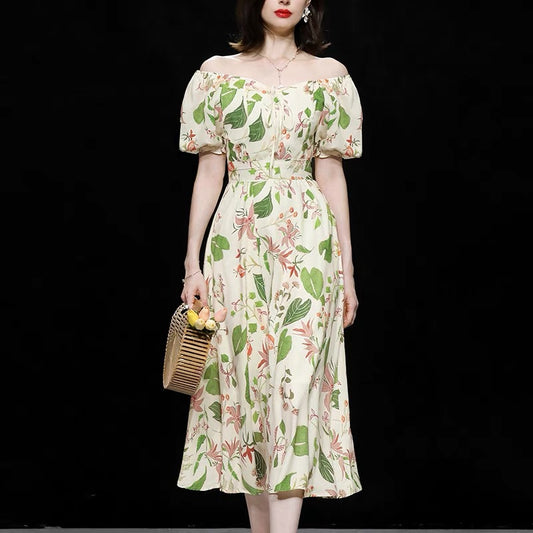 Summer women's clothing 2022 new temperament off-the-shoulder puff sleeves waist slim green printed dress long skirt skirt