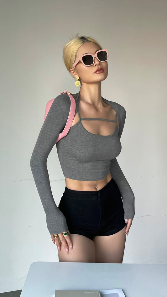 Jing Ye Spice Girls U-neck Shawl Suspender Suit Women's Spring New Slim Vest + Short Cardigan Small Two-piece Set