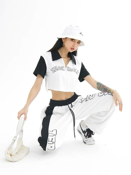 Wild zero American retro short-sleeved t-shirt sports suit women's summer design sense embroidery straight casual pants