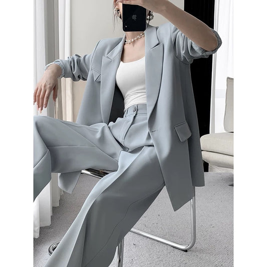 FT GUOGE blue suit suit 2022 autumn new high-end fashion temperament goddess fan pants two-piece set 1596