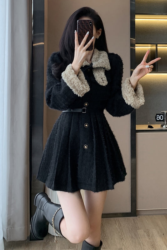 Autumn and winter new 2022 small fragrance black lamb wool dress women's high-end sense French small long-sleeved skirt