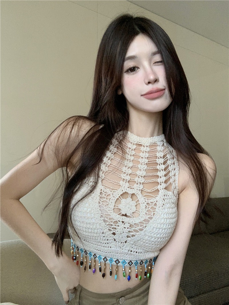 Sweet Spice Girl Hollow Camisole Female Summer Open Back Tassel Lace Inner Short Sexy Chic Unique Top