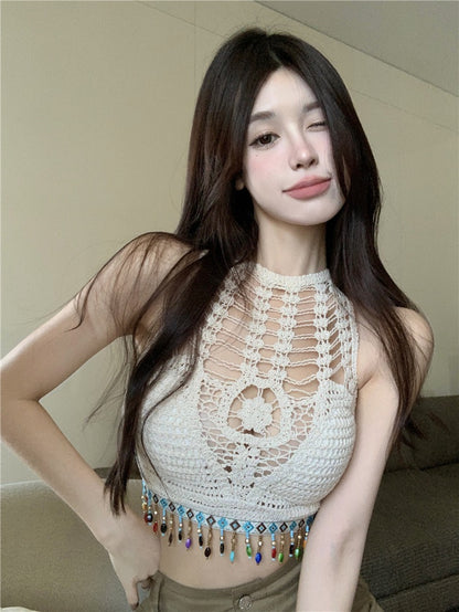 Sweet Spice Girl Hollow Camisole Female Summer Open Back Tassel Lace Inner Short Sexy Chic Unique Top
