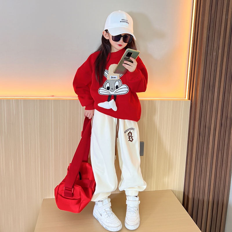 Girls fleece sweater 2022 new middle and big children red year of the rabbit year of birth thickened tops children's winter clothes