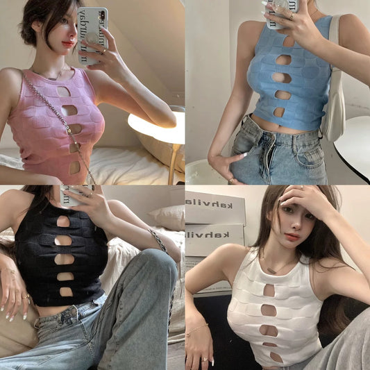 Pure Desire Hot Girl Knitwear Women's Summer Careful Thin Section Hollow Out Sexy Slim Fit Slim Sleeveless Short Top 1680