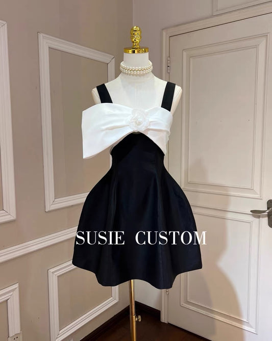 High custom black and white contrast color retro camellia bow tube top waist puffy three-dimensional flower bud skirt dress