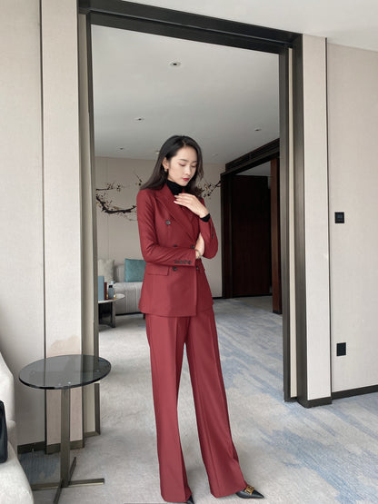 Autumn and winter thick wool suit annual meeting event Christmas wine red white commuter suit straight wide-leg pants suit