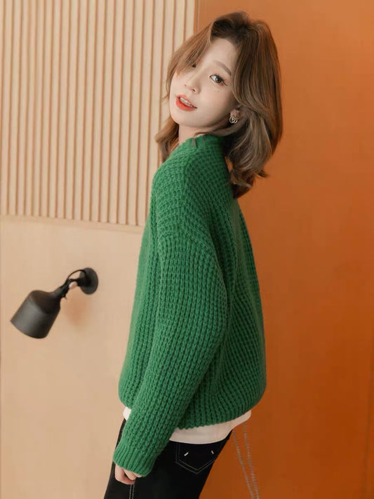 Small grain small round neck pink sweater women's 2022 autumn and winter new loose and thin lazy wind long-sleeved top