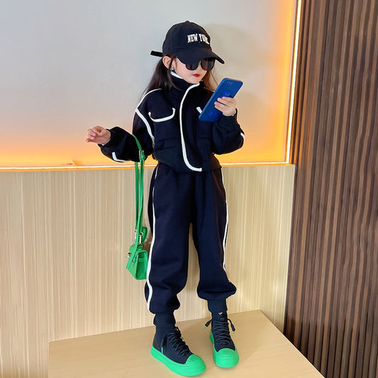 Girls' small fragrance suit stand collar 2022 girls autumn and winter new style foreign style fashionable casual plus velvet two-piece suit to keep warm