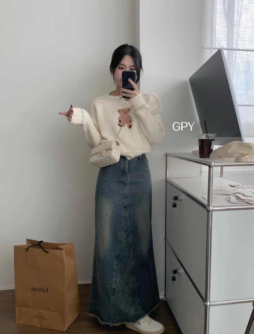 GPY autumn and winter 2022 new cute embroidered bear sweater mink fur soft round neck pullover sweater versatile