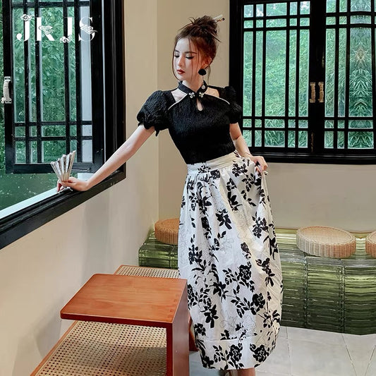 JKJS Tang suit female Chinese style Hanfu female summer short-sleeved T-shirt daily improvement cheongsam Chinese style button top female 1531